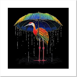 Whooping Crane Rainy Day With Umbrella Posters and Art